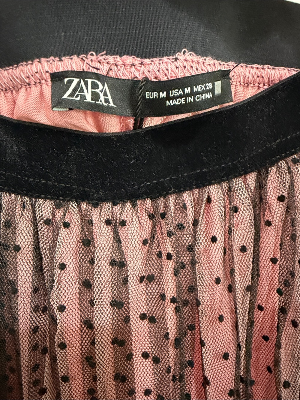 Zara Pink Lined Midi Skirt with Black Polka Dot Overlay - Picture 3 of 7